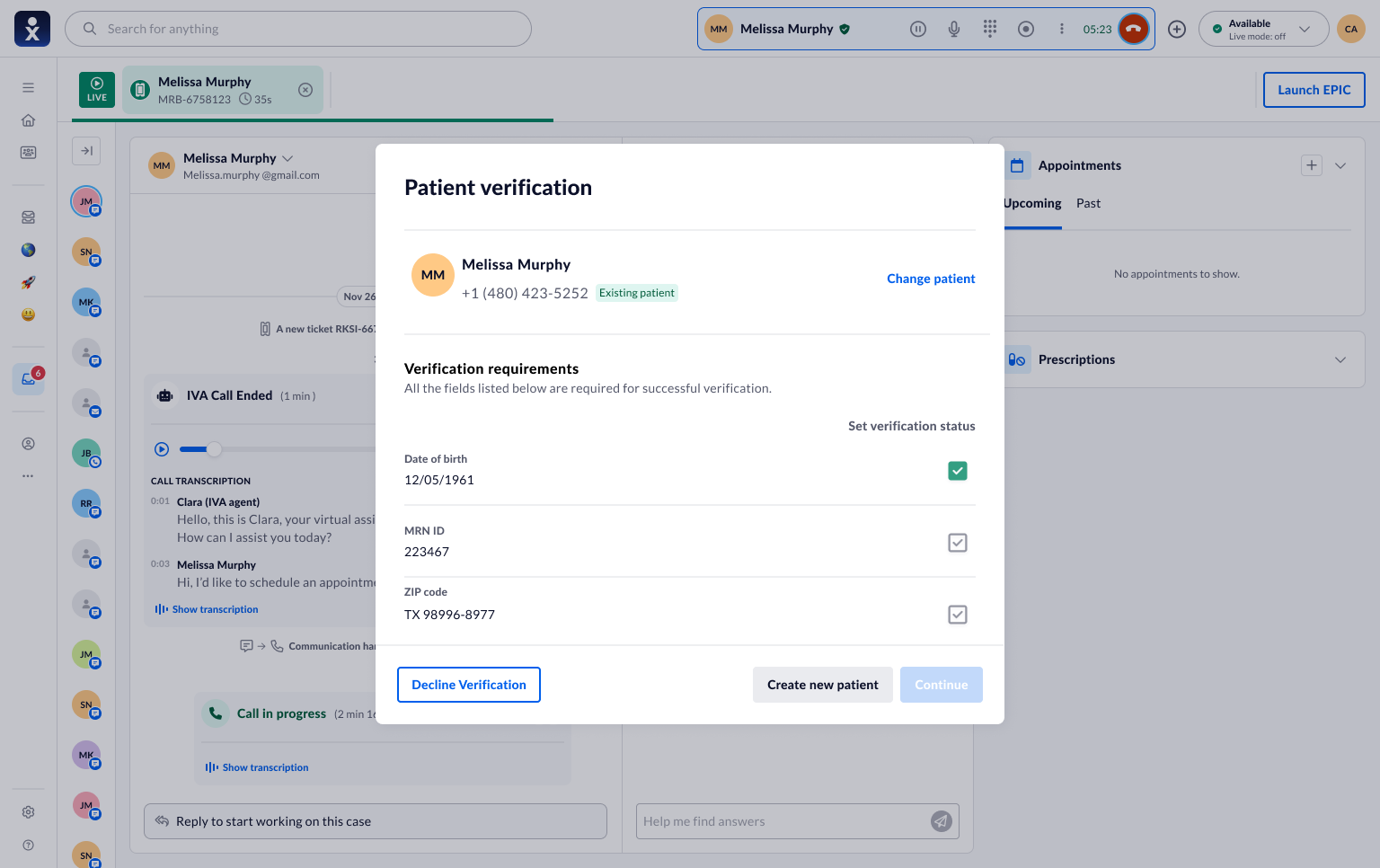 Patient verification modal with date of birth checked off after matching the caller, MRN and ZIP still pending